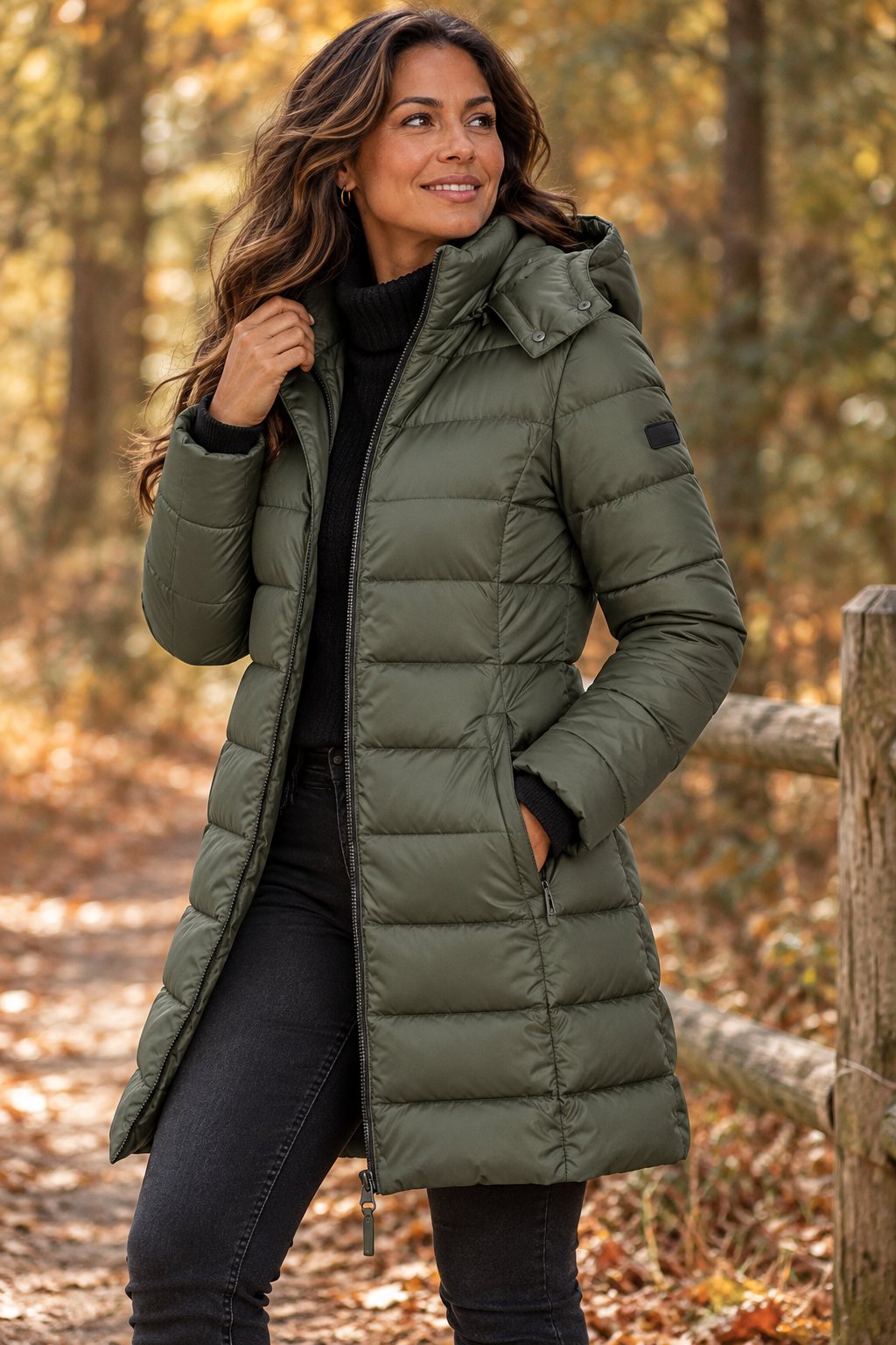 Olive green long hooded puffer coat outdoors