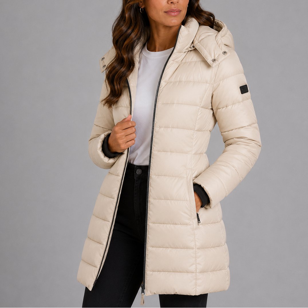 Beige long hooded puffer coat - front view