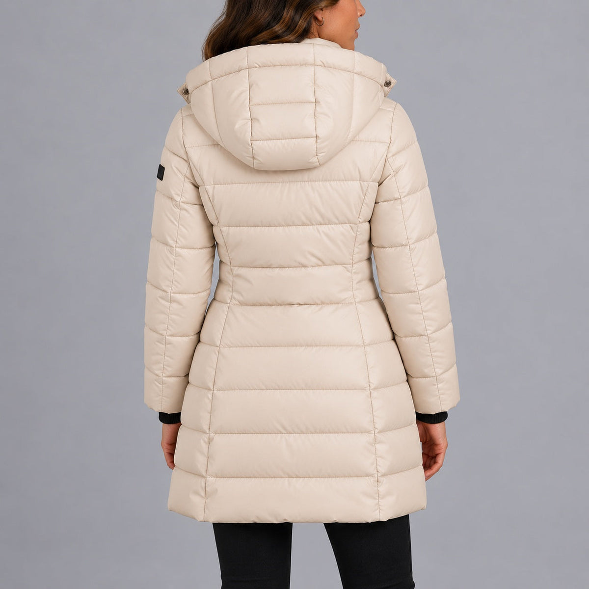 Beige long hooded puffer coat - back view