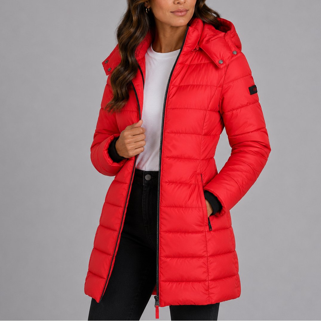 Red long hooded puffer coat - front view