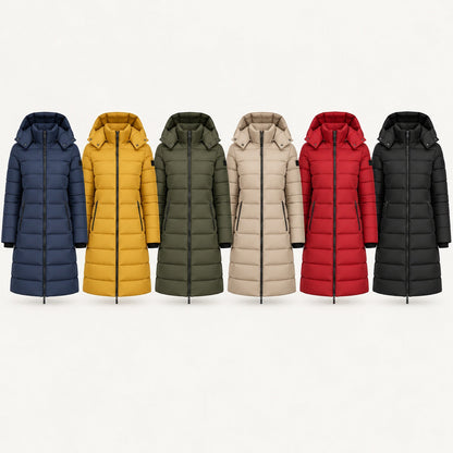 Women's long hooded puffer coat in all six colors