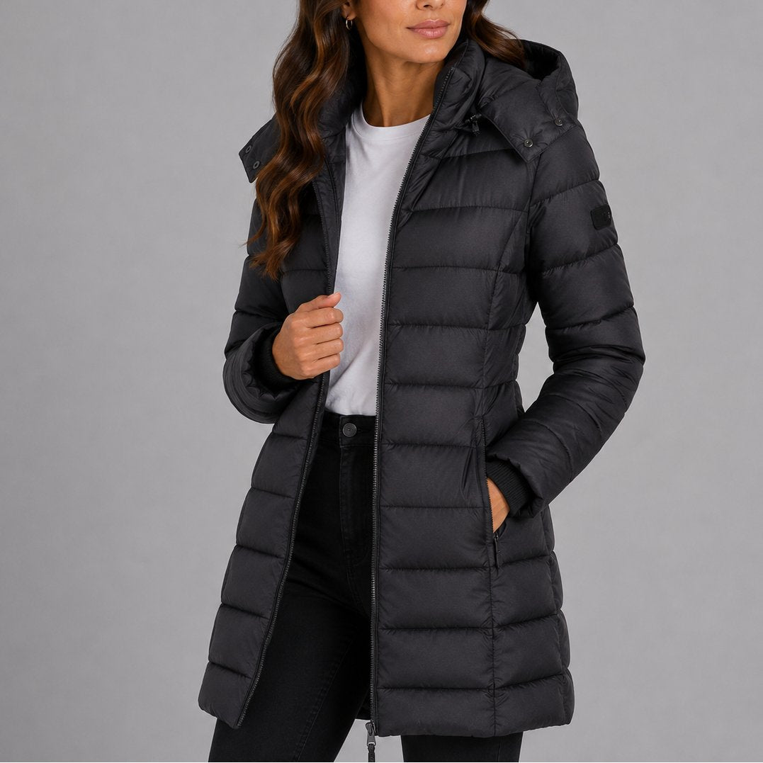 Black long hooded puffer coat - front view