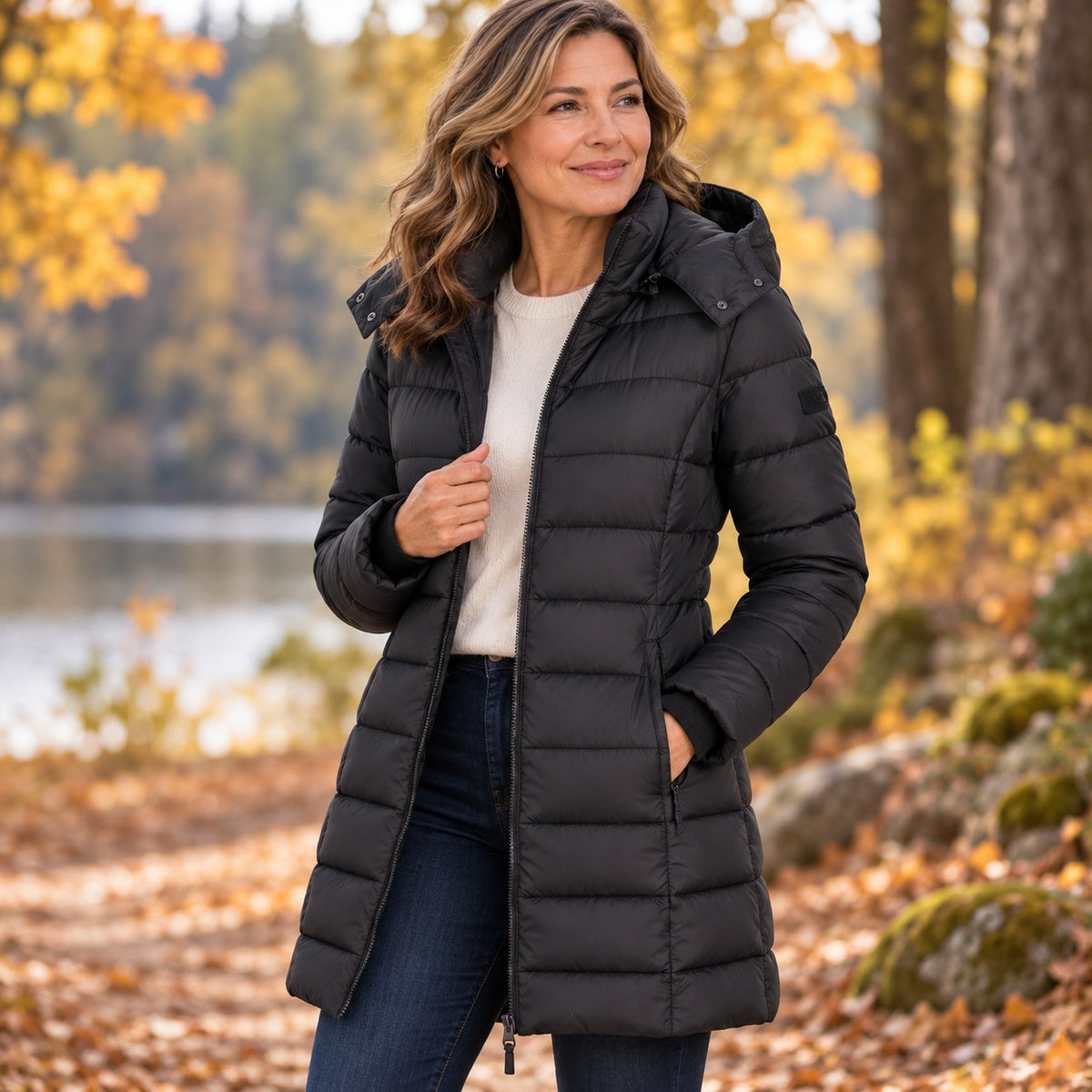 Black long hooded puffer coat outdoors