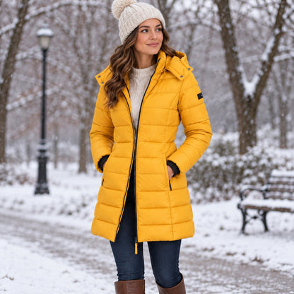 Yellow long hooded puffer coat in a snowy park