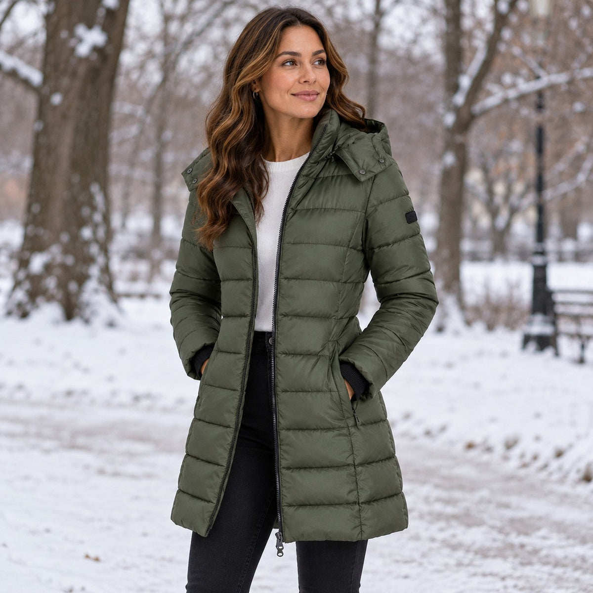 Green long hooded puffer coat in a snowy park