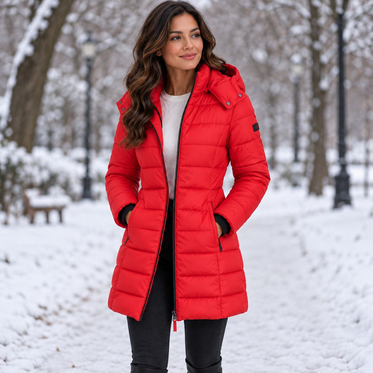 Red long hooded puffer coat in a snowy park