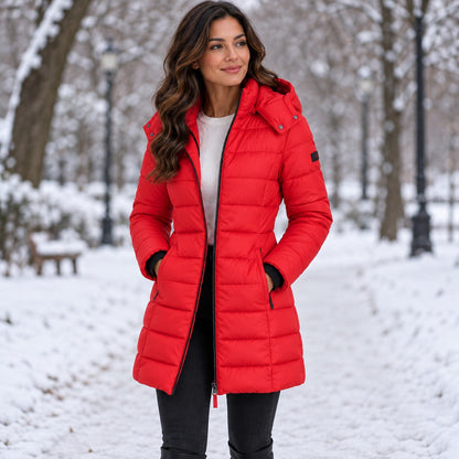 Red long hooded puffer coat in a snowy park