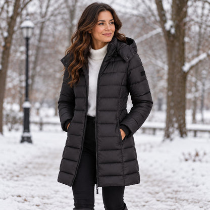 Black long hooded puffer coat in a snowy park