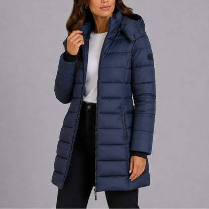 Women's long hooded puffer coat - product view