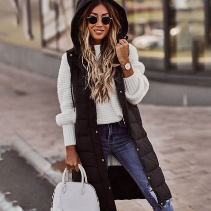 Women's Longline Hooded Quilted Puffer Vest — Sleeveless Winter 1