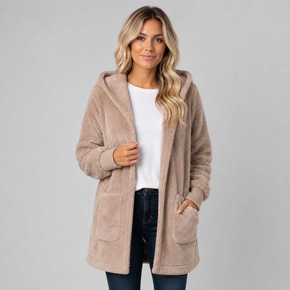 Longline Hooded Fleece Cardigan for Women, Reversible 1