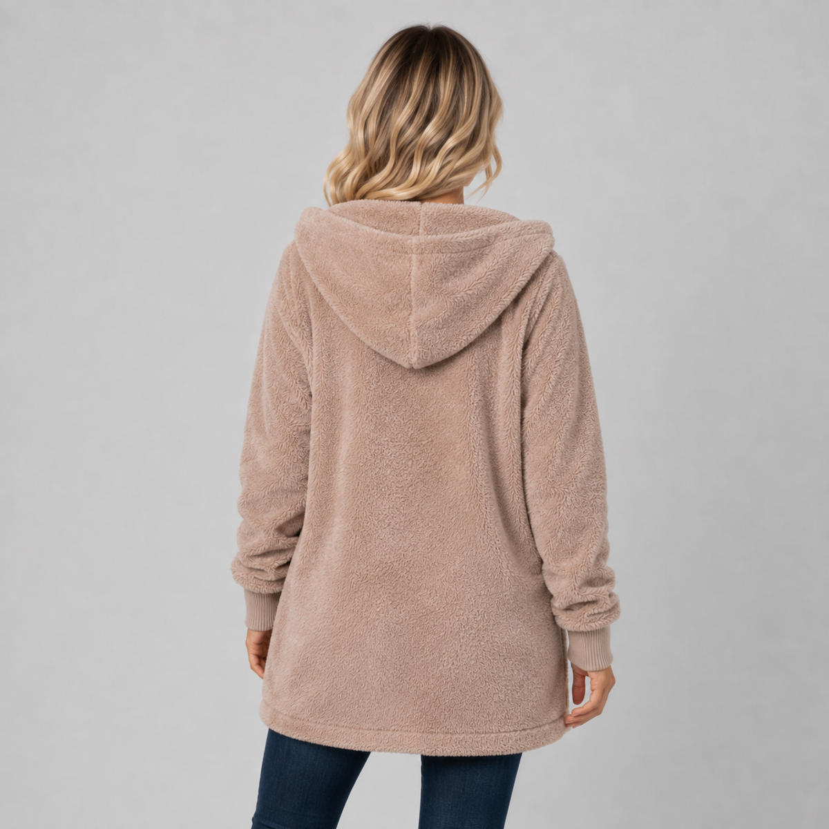 Longline Hooded Fleece Cardigan for Women, Reversible 2