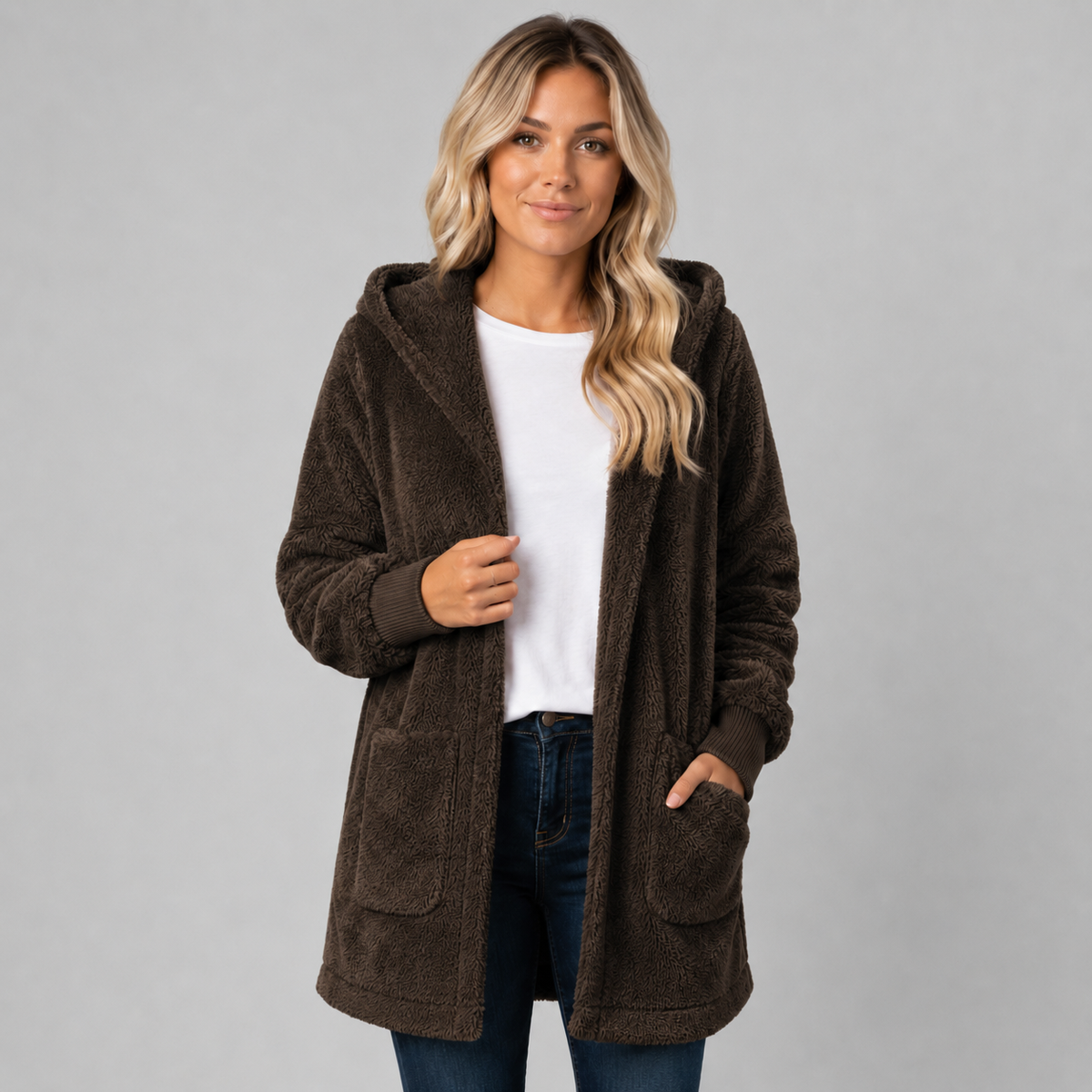 Longline Hooded Fleece Cardigan for Women, Reversible 5