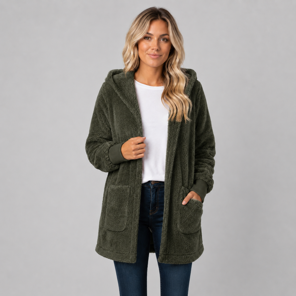 Longline Hooded Fleece Cardigan for Women, Reversible 6