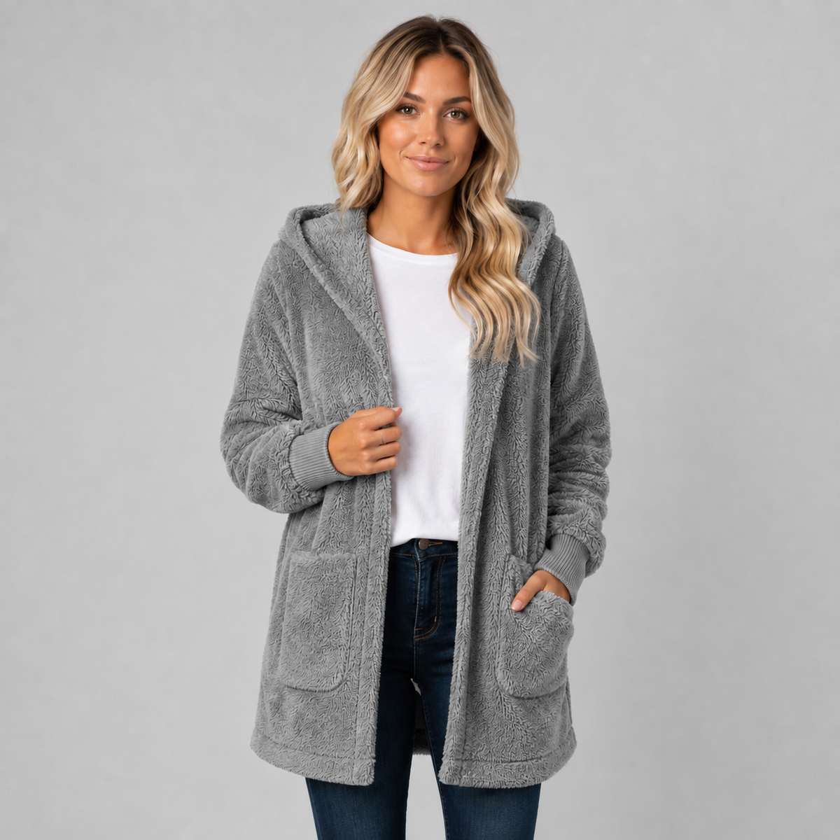 Longline Hooded Fleece Cardigan for Women, Reversible 7