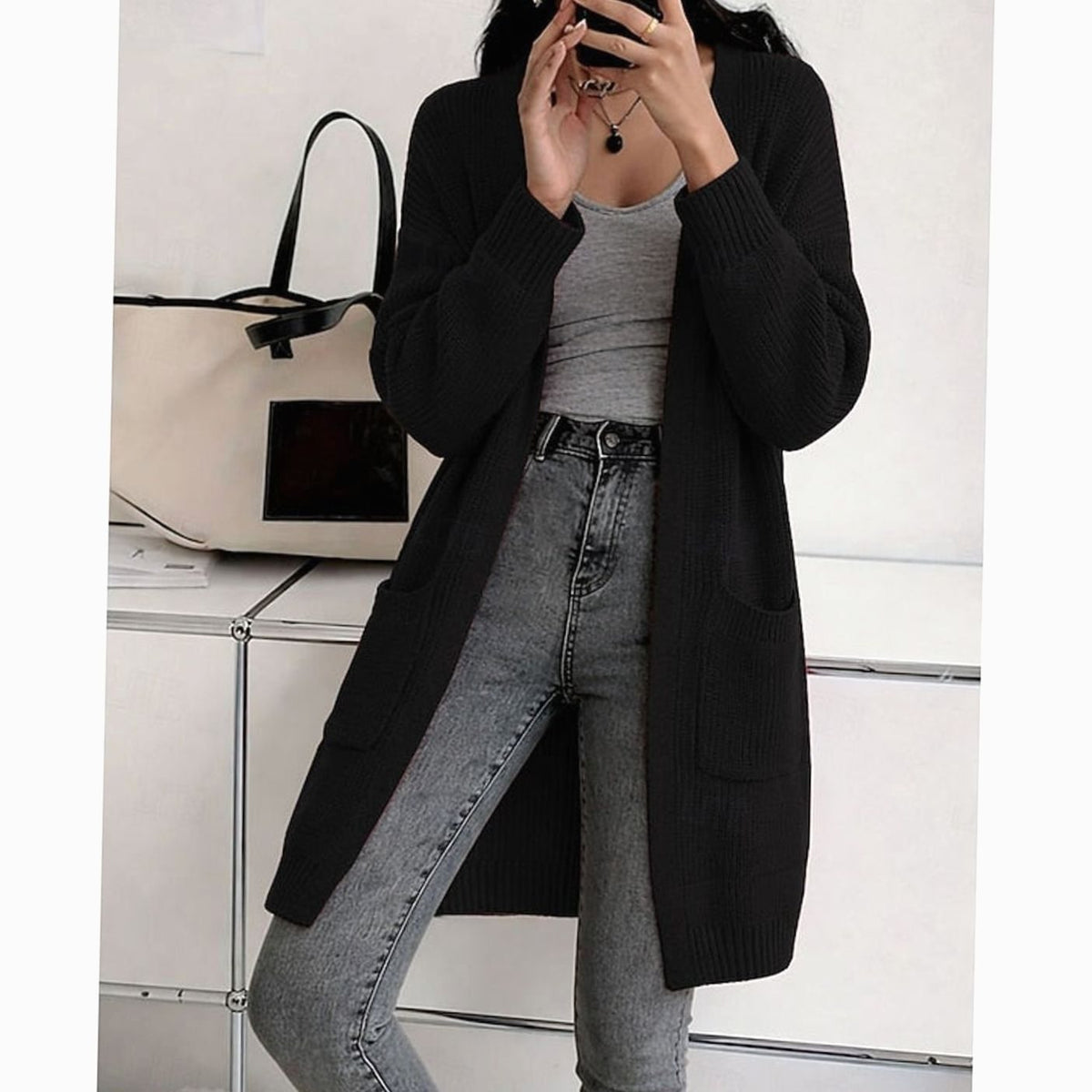 Women's Longline Open-Front Ribbed Knit Cardigan — Black 1