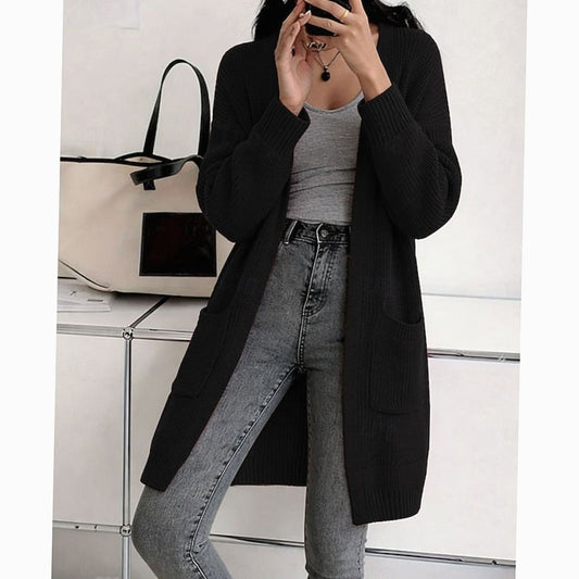 Women's Longline Open-Front Ribbed Knit Cardigan — Black 1