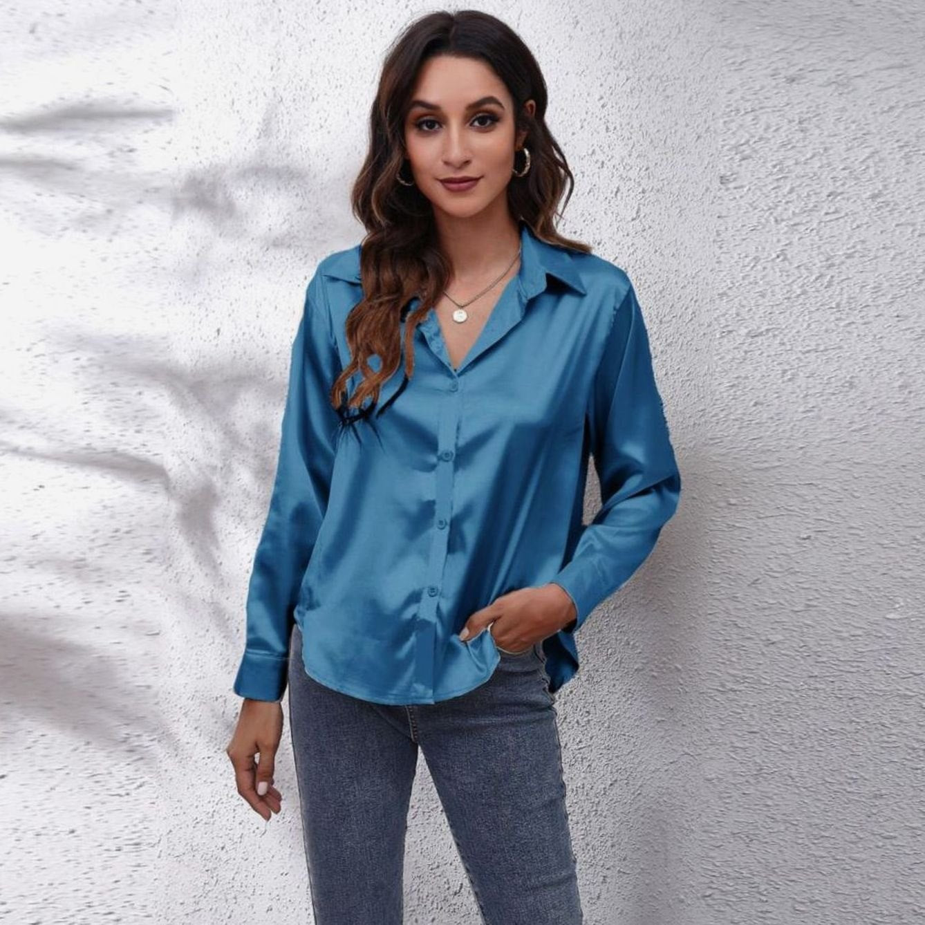 Women's Loose-Fit Satin Blouse — Long-Sleeve Button-Down 1