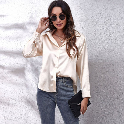 Women's Loose-Fit Satin Blouse — Long-Sleeve Button-Down 10