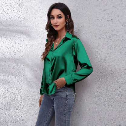 Women's Loose-Fit Satin Blouse — Long-Sleeve Button-Down 12