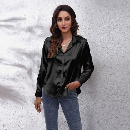 Women's Loose-Fit Satin Blouse — Long-Sleeve Button-Down 2