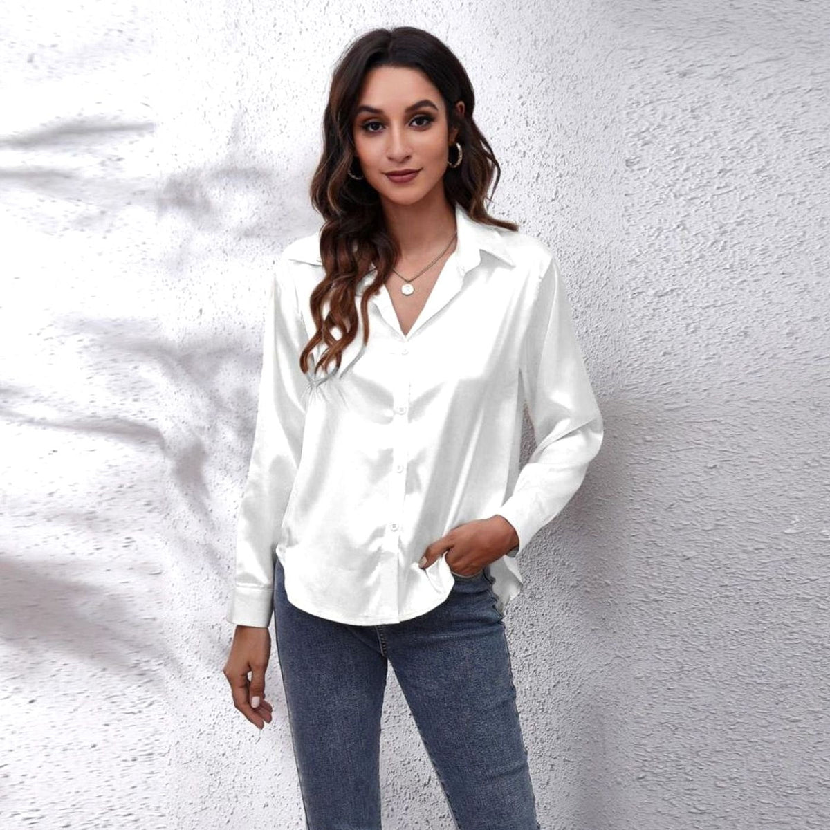 Women's Loose-Fit Satin Blouse — Long-Sleeve Button-Down 3