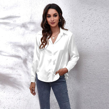 Women's Loose-Fit Satin Blouse — Long-Sleeve Button-Down 3