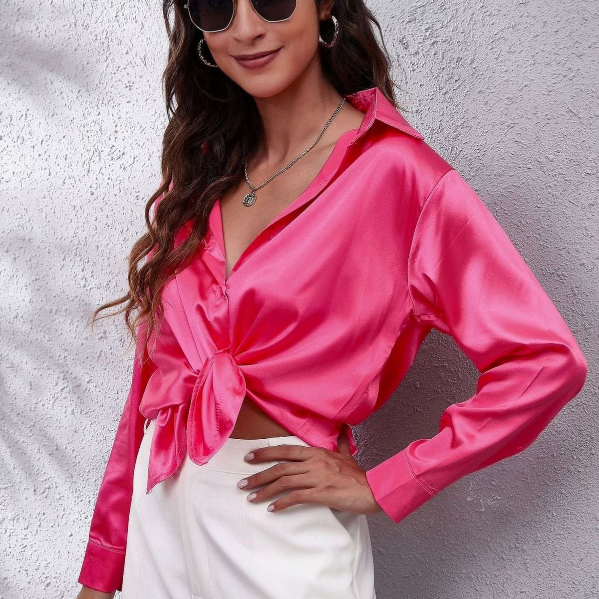Women's Loose-Fit Satin Blouse — Long-Sleeve Button-Down 4