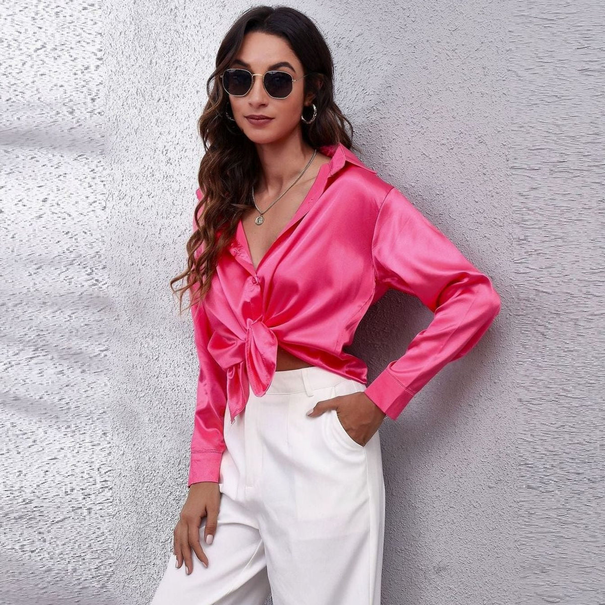 Women's Loose-Fit Satin Blouse — Long-Sleeve Button-Down 5