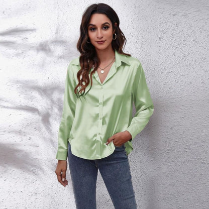 Women's Loose-Fit Satin Blouse — Long-Sleeve Button-Down 7