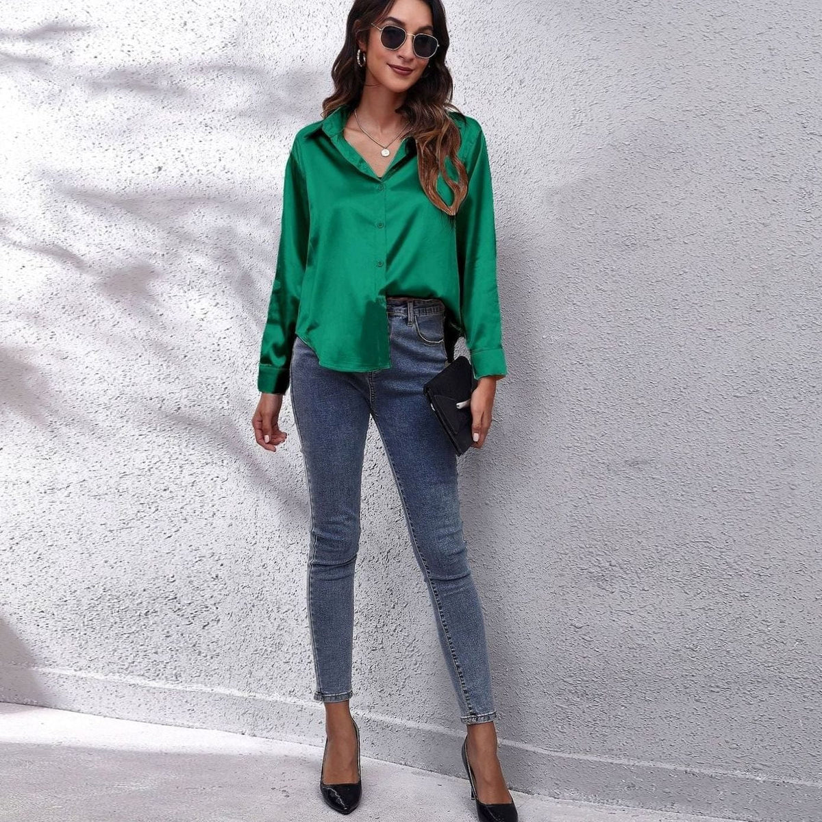 Women's Loose-Fit Satin Blouse — Long-Sleeve Button-Down 9