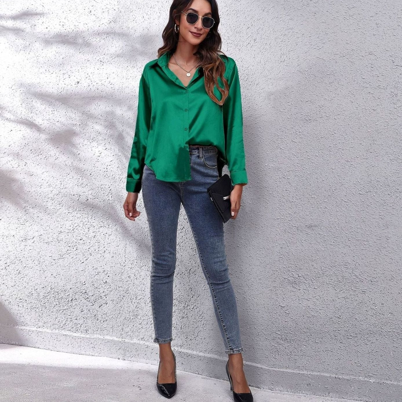 Women's Loose-Fit Satin Blouse — Long-Sleeve Button-Down 9