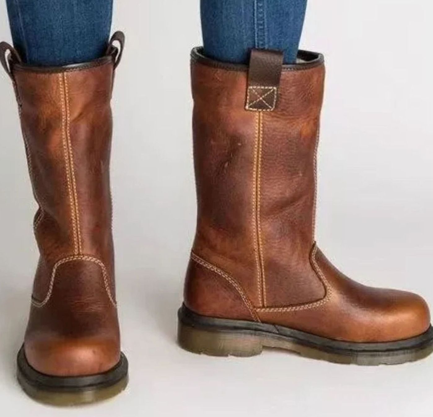 Women's Lined Pull-On Leather Boots — Round Toe Mid-Calf 1