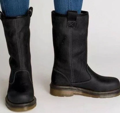 Women's Lined Pull-On Leather Boots — Round Toe Mid-Calf 2