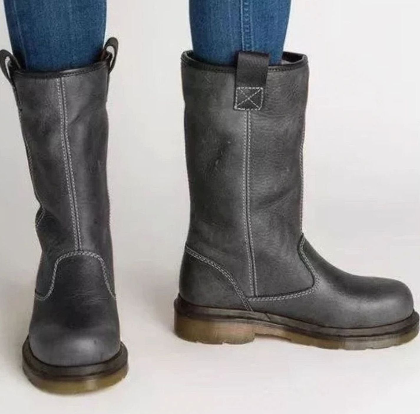 Women's Lined Pull-On Leather Boots — Round Toe Mid-Calf 3