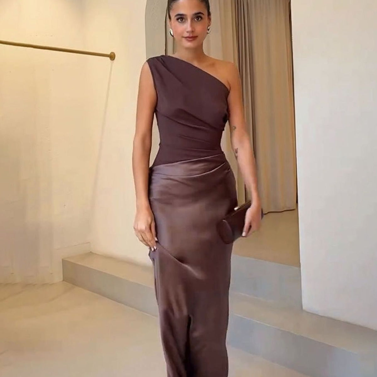 Women's One-Shoulder Ruched Faux Leather Maxi Evening Dress 1