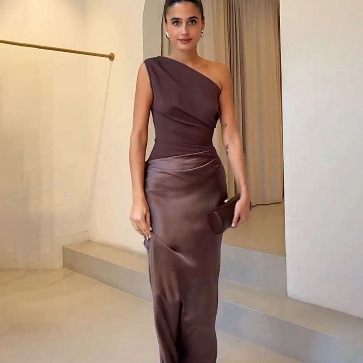 Women's One-Shoulder Ruched Faux Leather Maxi Evening Dress 2