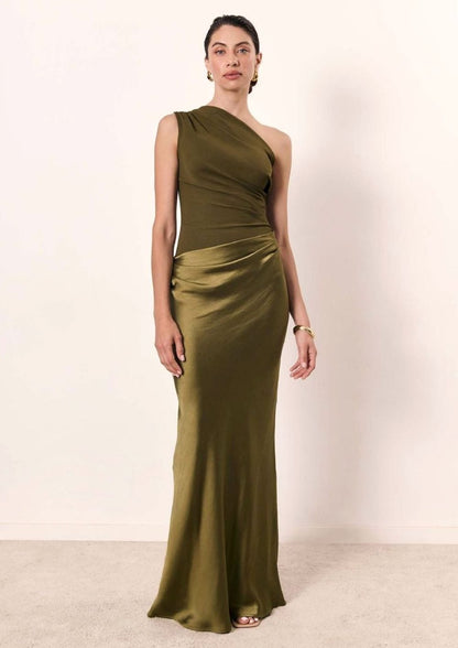 Women's One-Shoulder Ruched Faux Leather Maxi Evening Dress 5