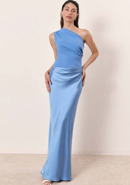 Women's One-Shoulder Ruched Faux Leather Maxi Evening Dress 6