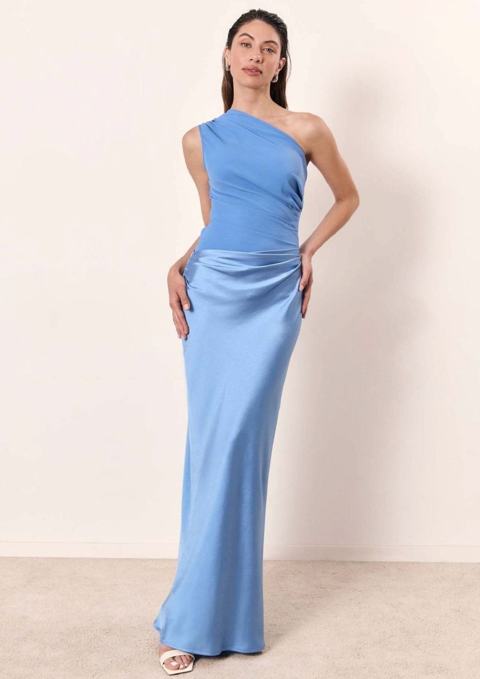 Women's One-Shoulder Ruched Faux Leather Maxi Evening Dress 7