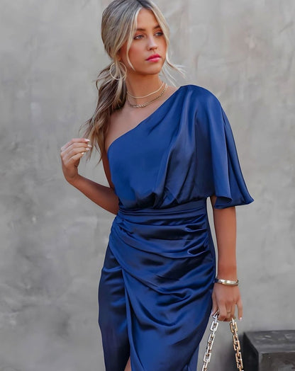 Women's One-Shoulder Satin Wrap Midi Dress — Ruched Waist 1