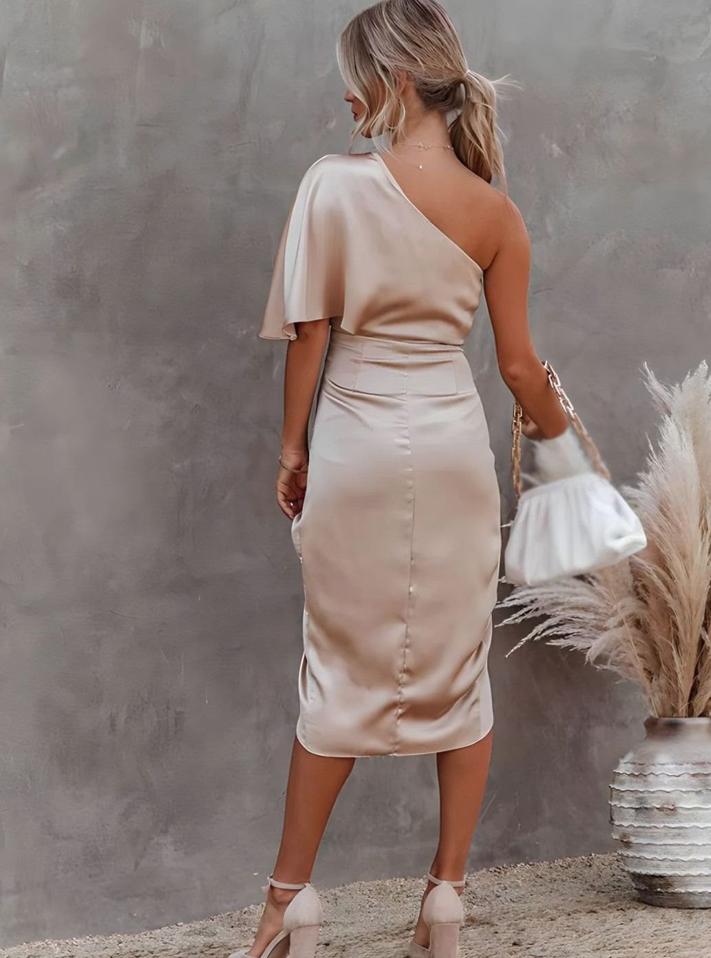 Women's One-Shoulder Satin Wrap Midi Dress — Ruched Waist 12