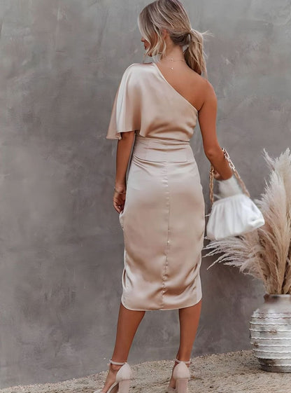 Women's One-Shoulder Satin Wrap Midi Dress — Ruched Waist 12