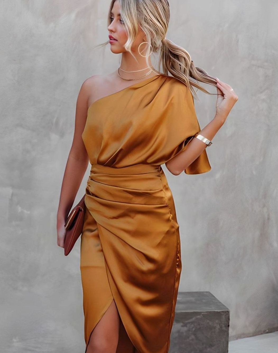 Women's One-Shoulder Satin Wrap Midi Dress — Ruched Waist 13