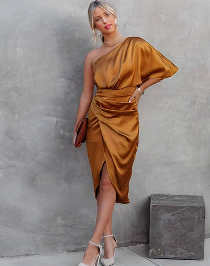 Women's One-Shoulder Satin Wrap Midi Dress — Ruched Waist 14