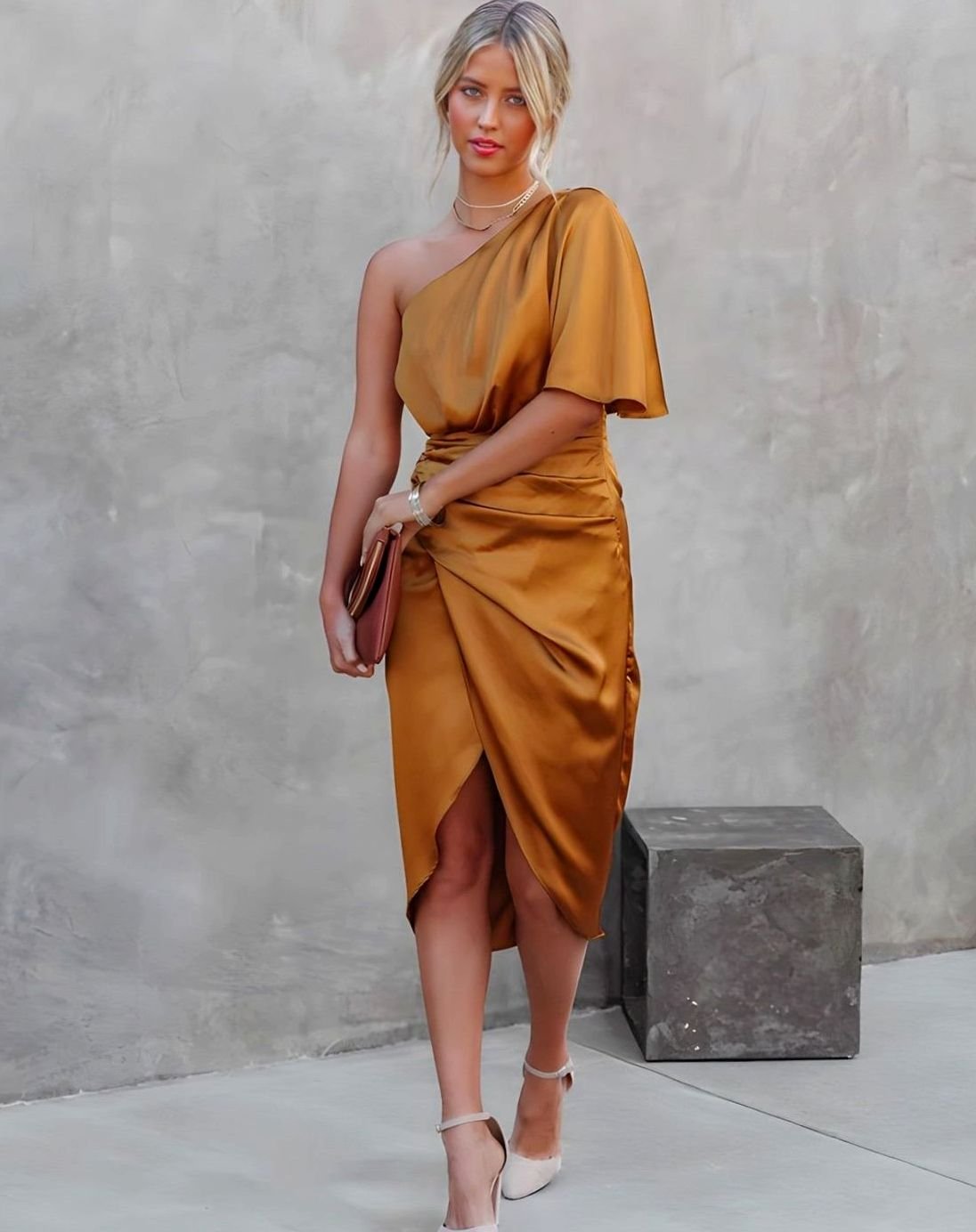 Women's One-Shoulder Satin Wrap Midi Dress — Ruched Waist 15