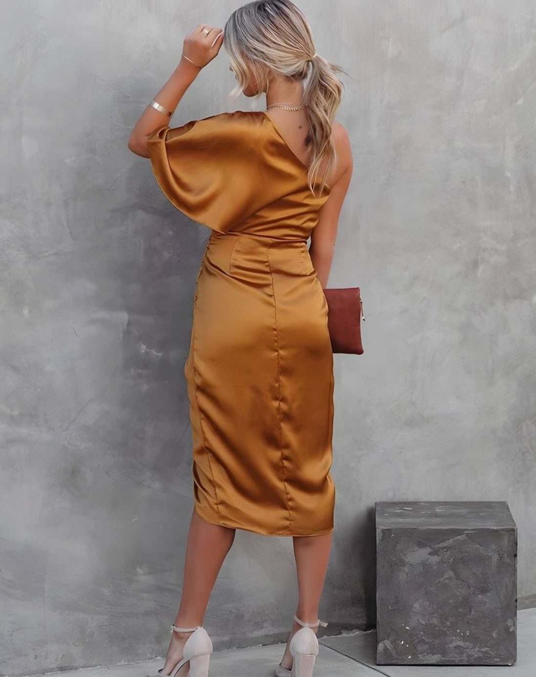 Women's One-Shoulder Satin Wrap Midi Dress — Ruched Waist 16