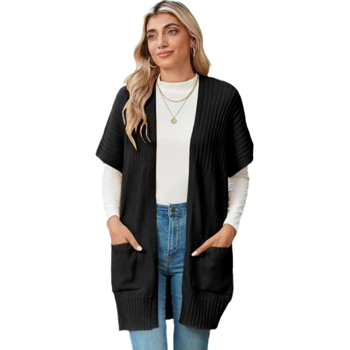 Women's Open-Front Short-Sleeve Knit Cardigan with Pockets 1