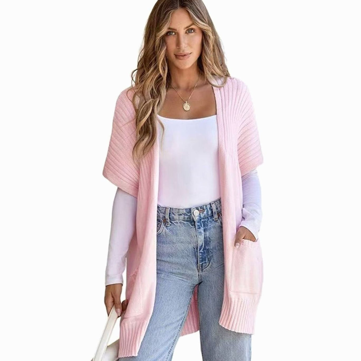 Women's Open-Front Short-Sleeve Knit Cardigan with Pockets 2