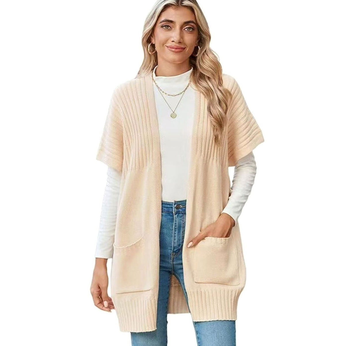 Women's Open-Front Short-Sleeve Knit Cardigan with Pockets 3